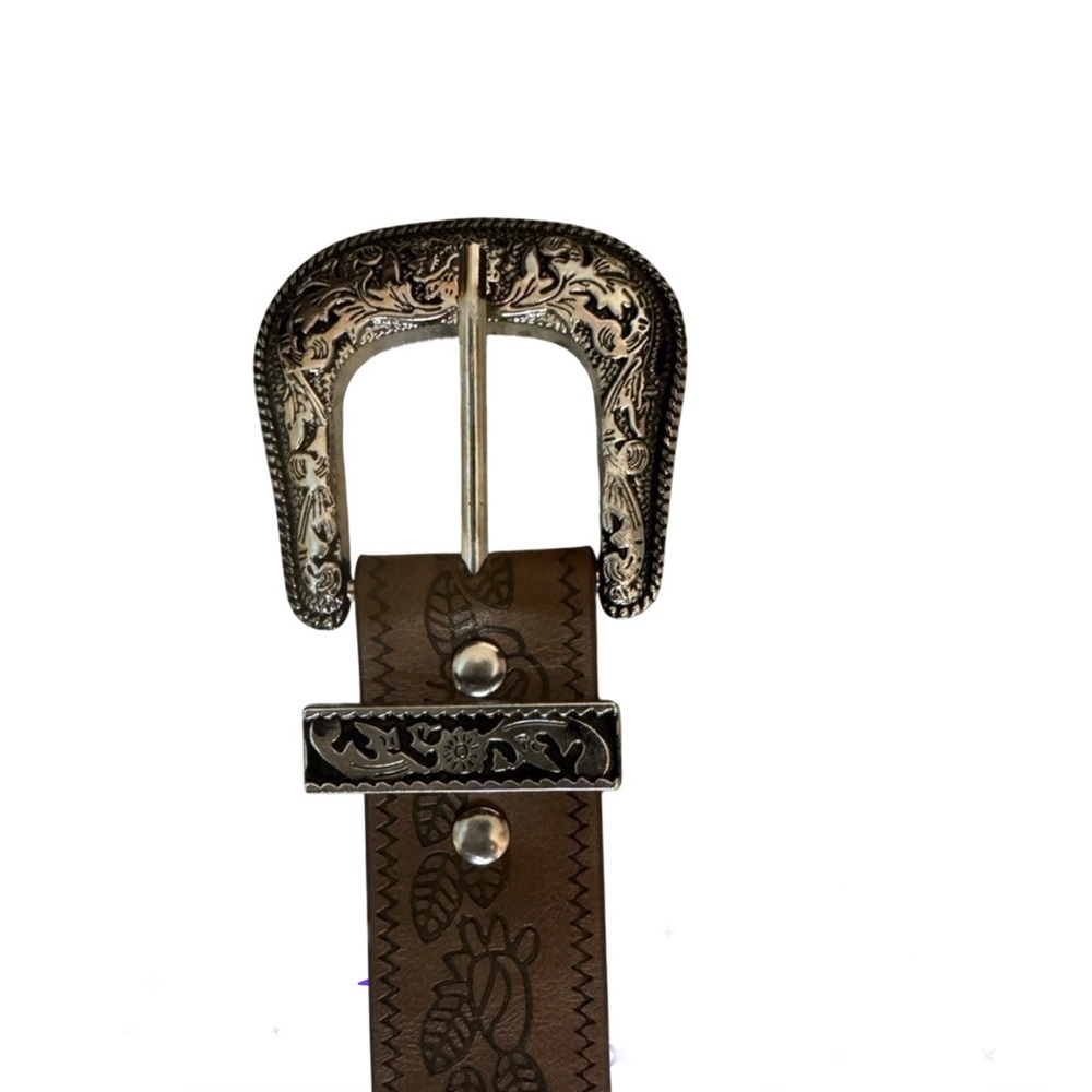 Tan Faux Leather Western Belt Silver Buckle - Picture 5 of 10